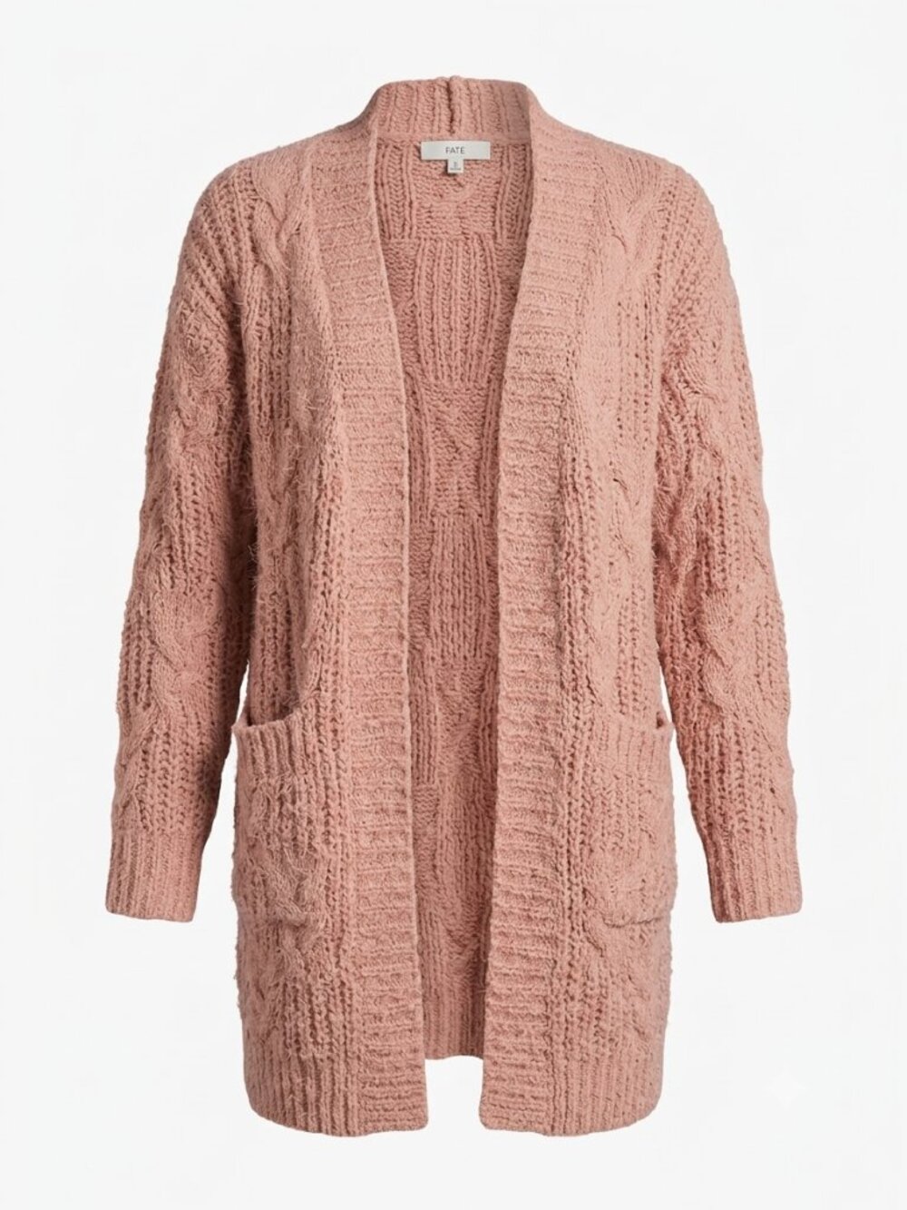 FATE Pink Fuzzy Chunky Cable Knit Open Front Cardigan with Pockets S